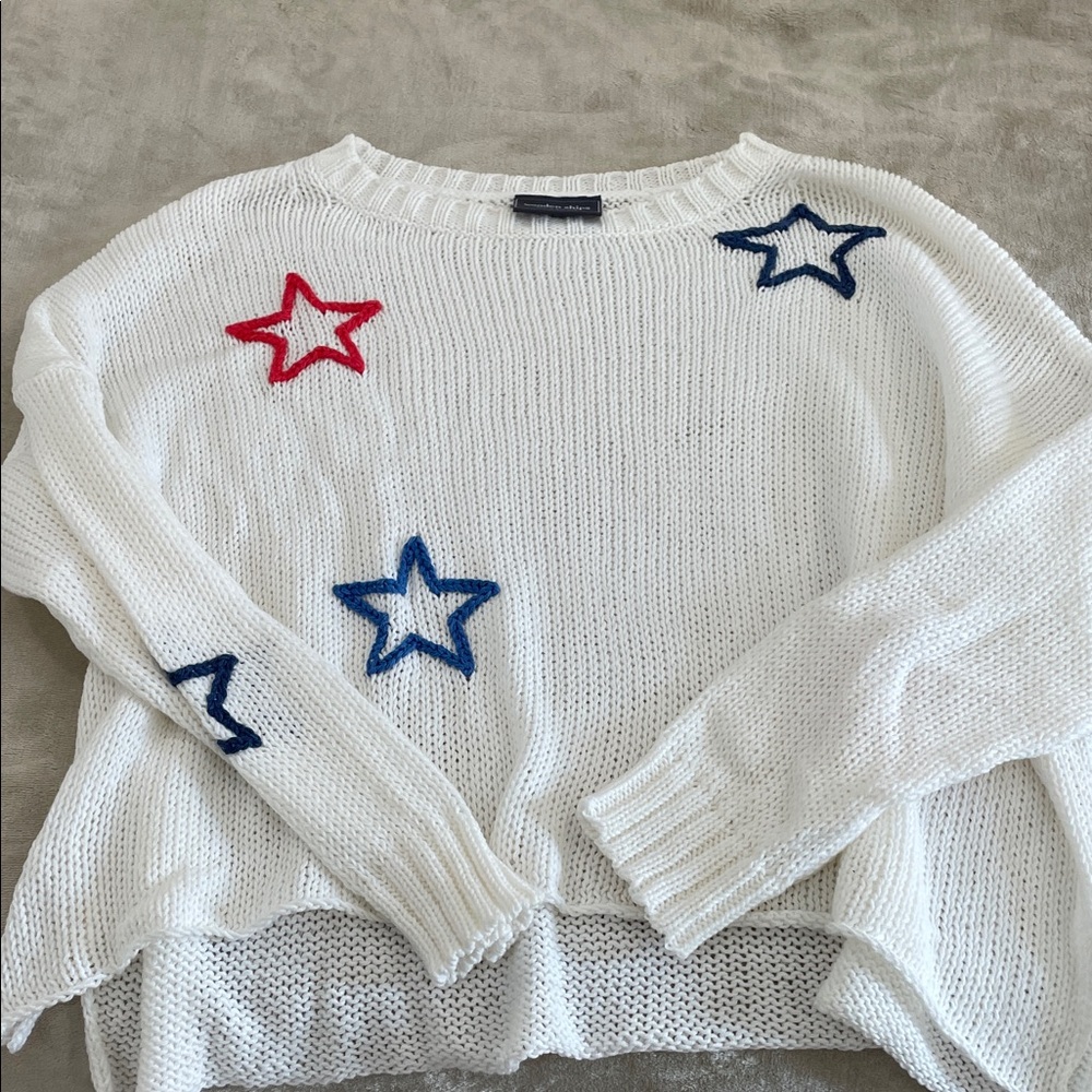 Wooden Ships White Sweater with Red and Blue Star Accents